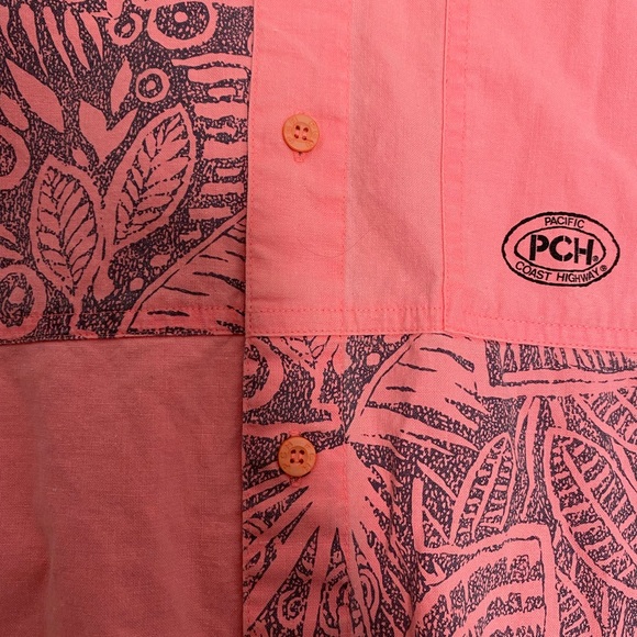 VINTAGE 80's 90's Pacific Coast Highway Pink Button Up Shirt Neon Tribal Surf L - Picture 3 of 8